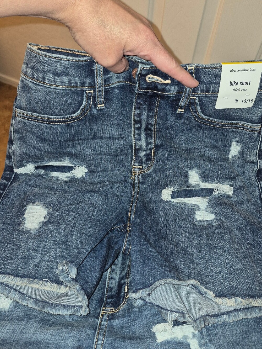 Abercrombie kids high-rise distressed denim bike shorts